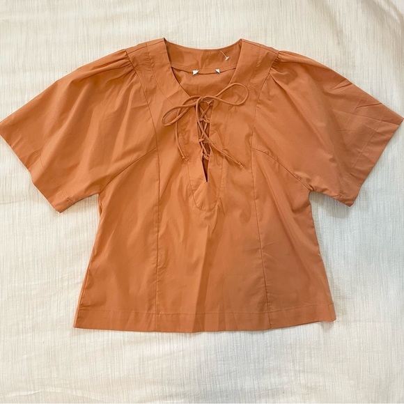 Evereve Allie cotton poplin top peach Short Sleeve Cropped V-Neck Boho Blouse xs - Picture 4 of 12